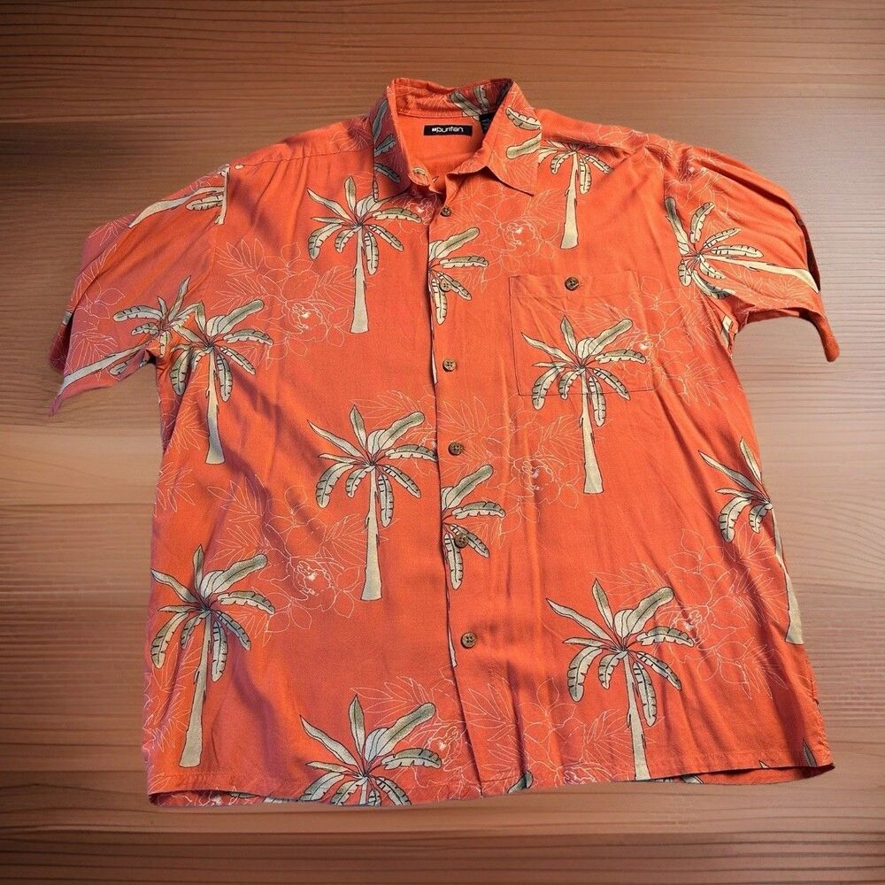 Puritan Orange Resort Shirt Tropical Palm Tree Print 100% Viscose Rayon Size L